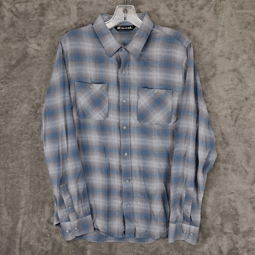 TravisMathew Shirt Mens Medium Blue Grey Plaid Cotton Long Sleeve
